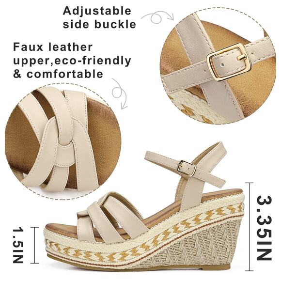 Espadrille Wedge Platform Sandals Sz 9 41 Cream Faux Leather Buckle Ankle Strap - Picture 8 of 16